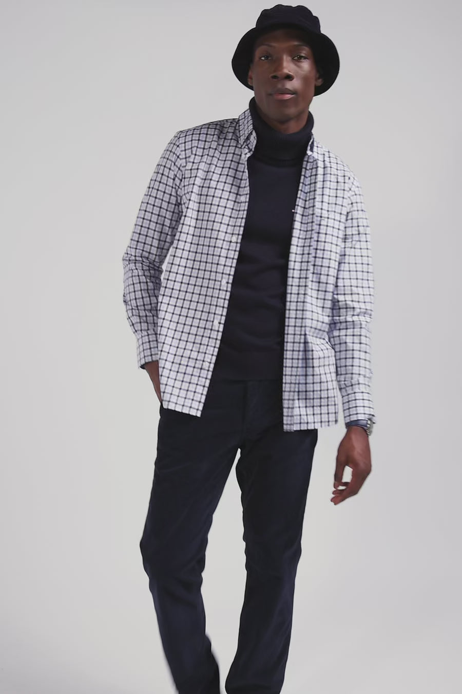 Regular blue and white checked cotton poplin shirt