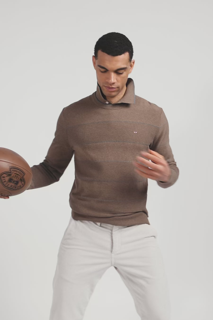 Regular brown striped cotton and cashmere crew neck jumper