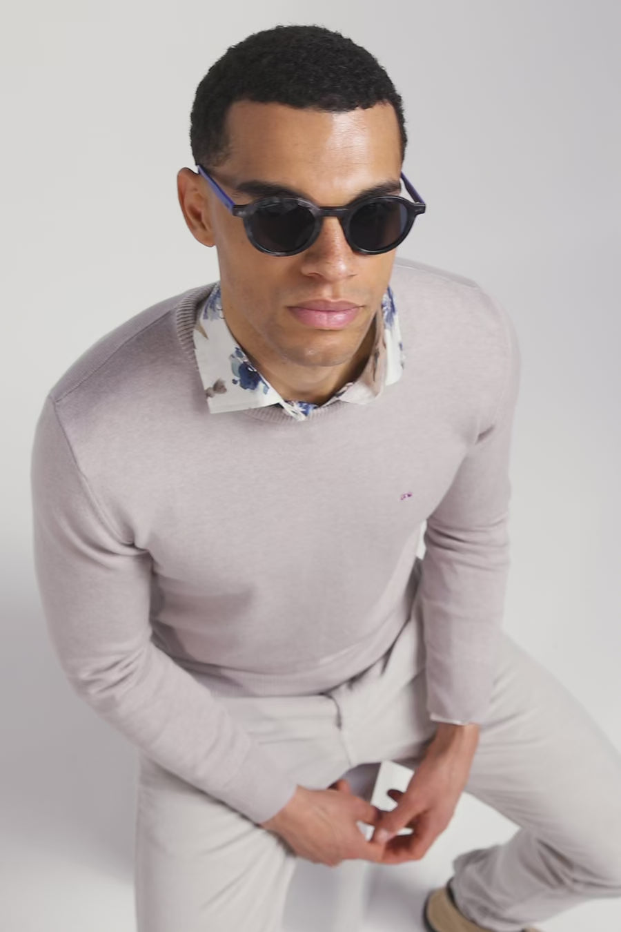 Regular beige wool and cotton crew neck jumper