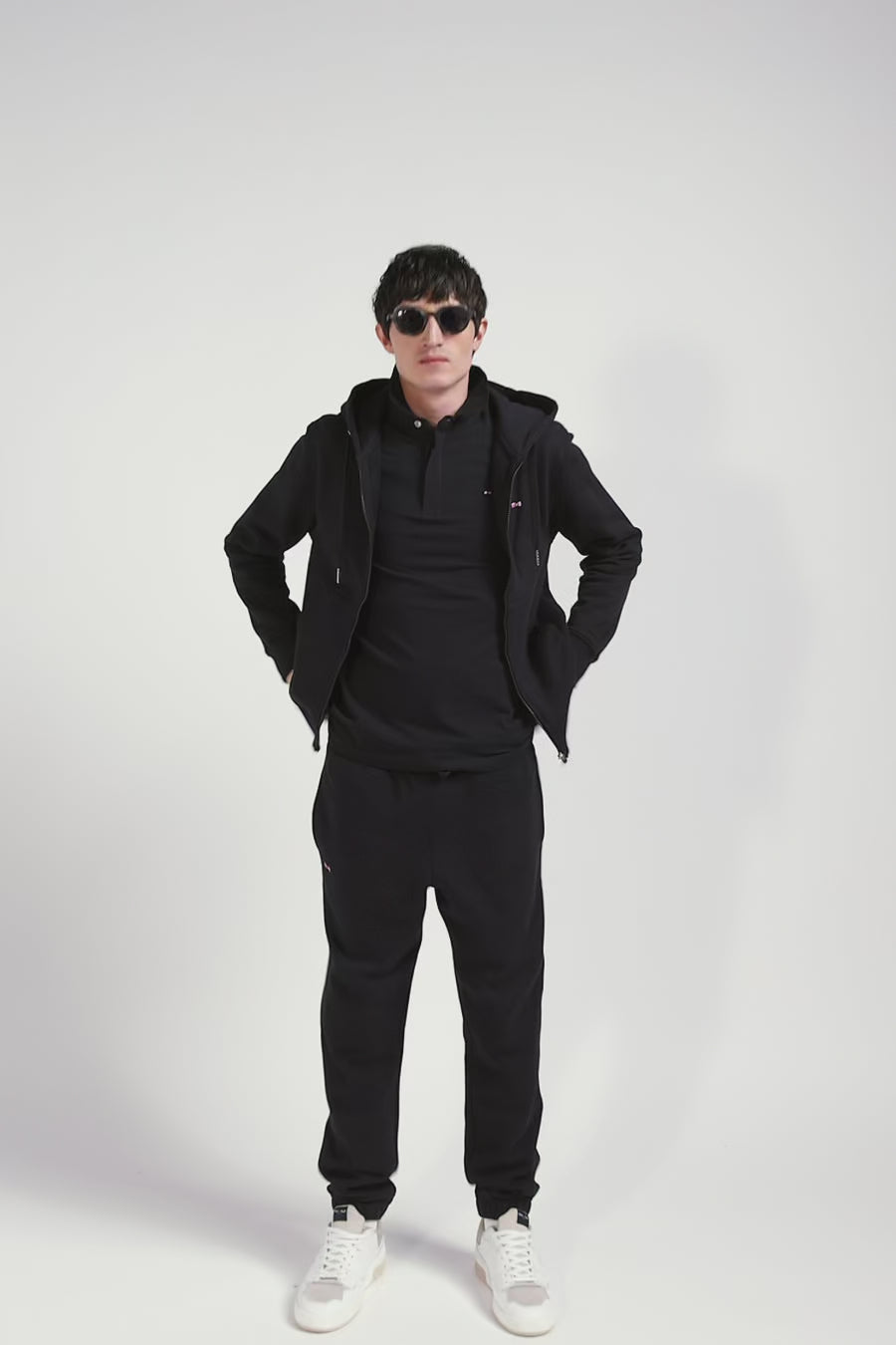 Regular black zipped brushed cotton fleece hoodie