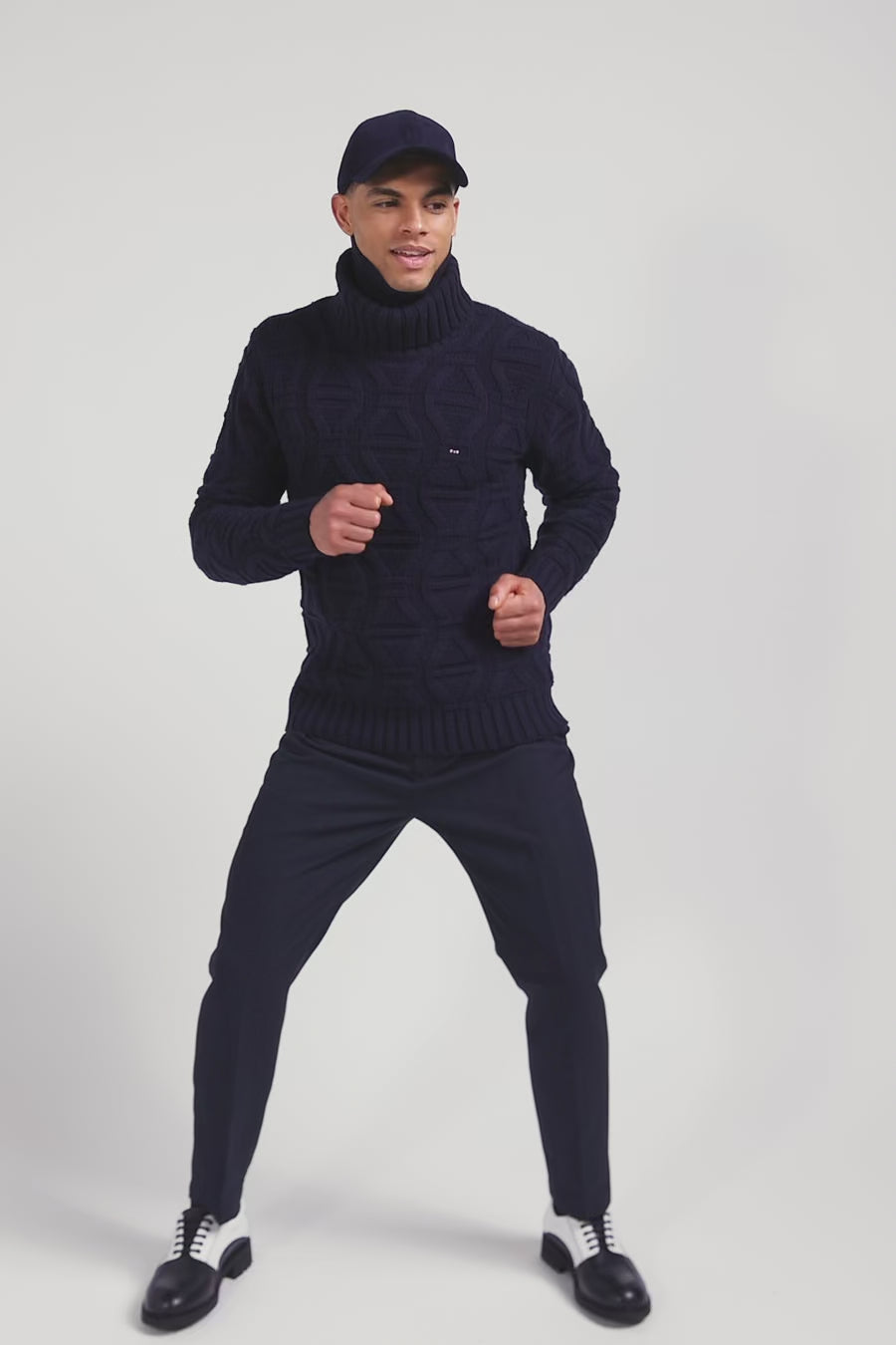 Regular navy blue virgin wool and recycled polyamide turtleneck jumper with 3D knitting