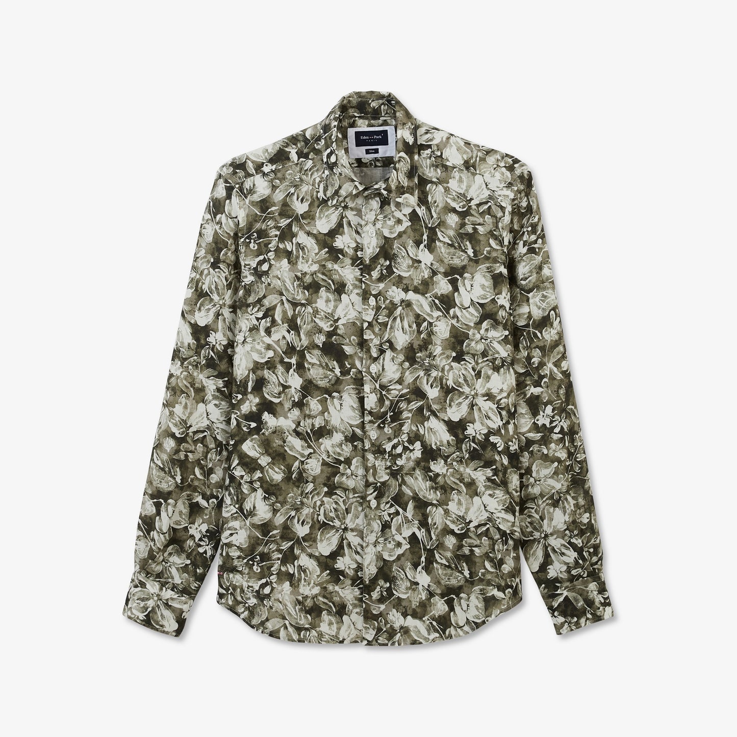 Khaki linen shirt with a floral print