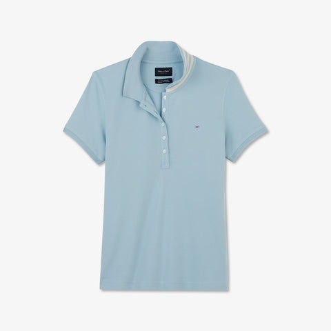 Light blue polo in Pima cotton pique, with striped collar - Image 2