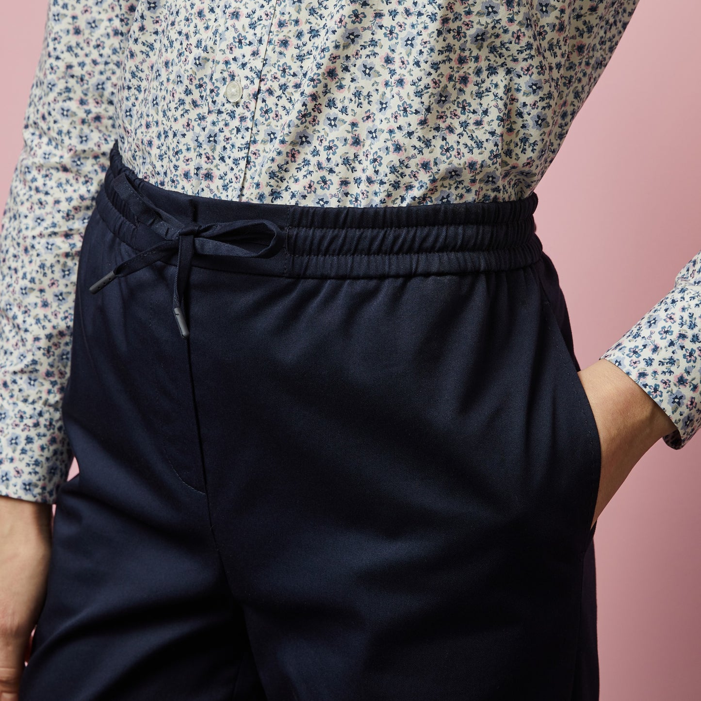 Dark blue trousers with elasticated waist