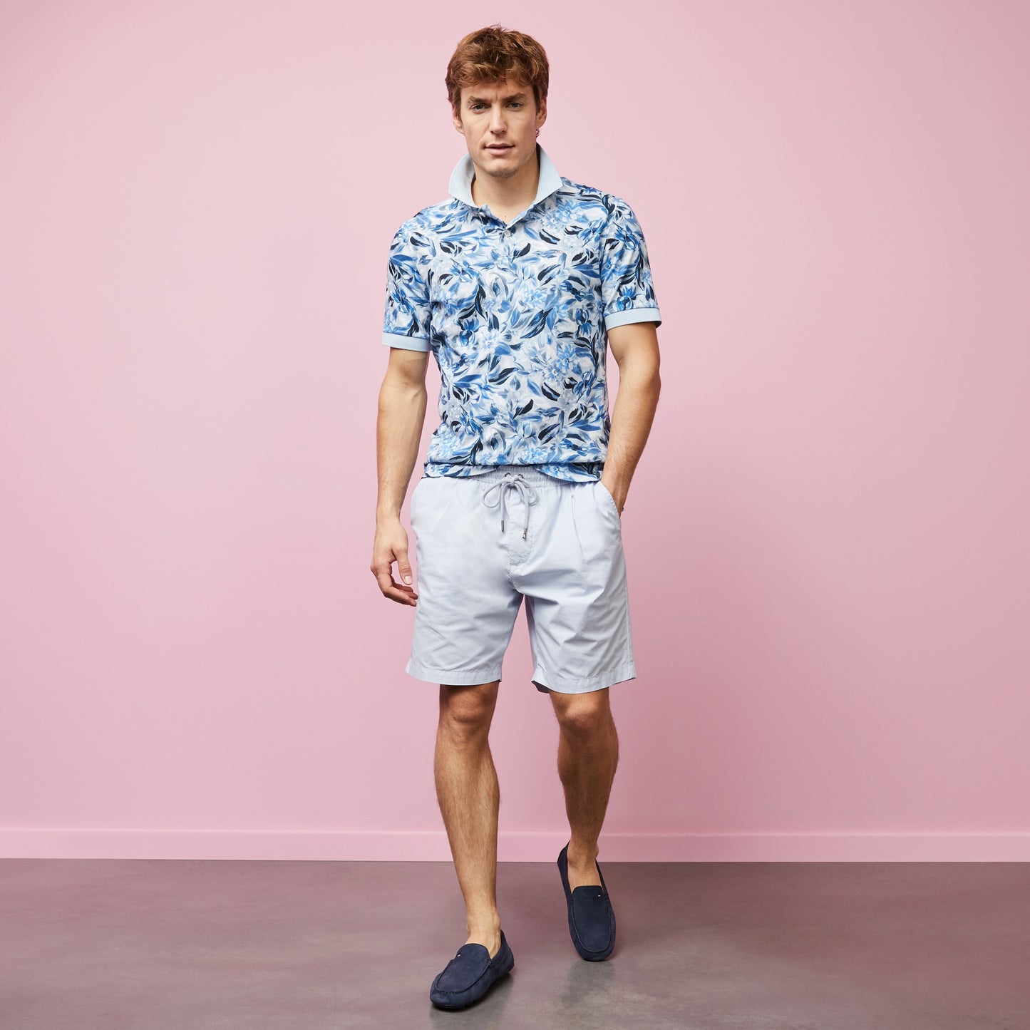 Light blue polo in cotton pique with floral print