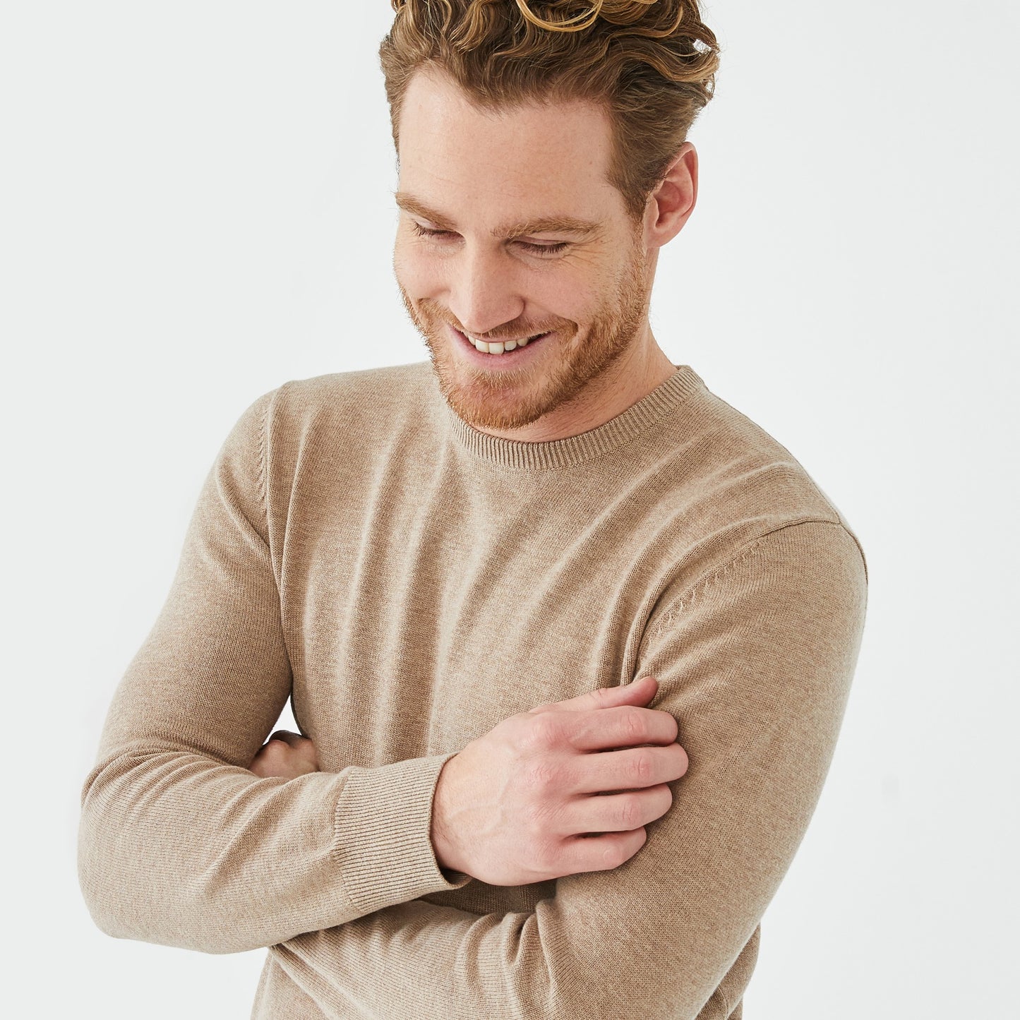 Round-neck beige wool blend sweater