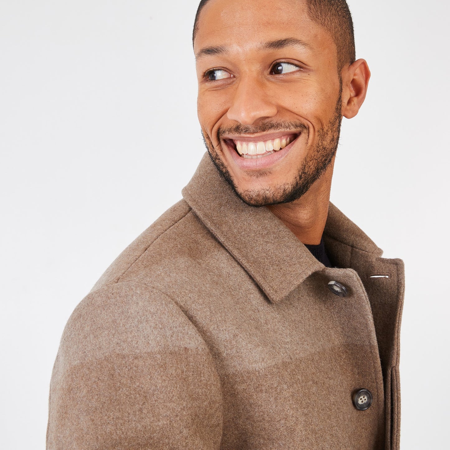 Short camel coat in striped wool blend