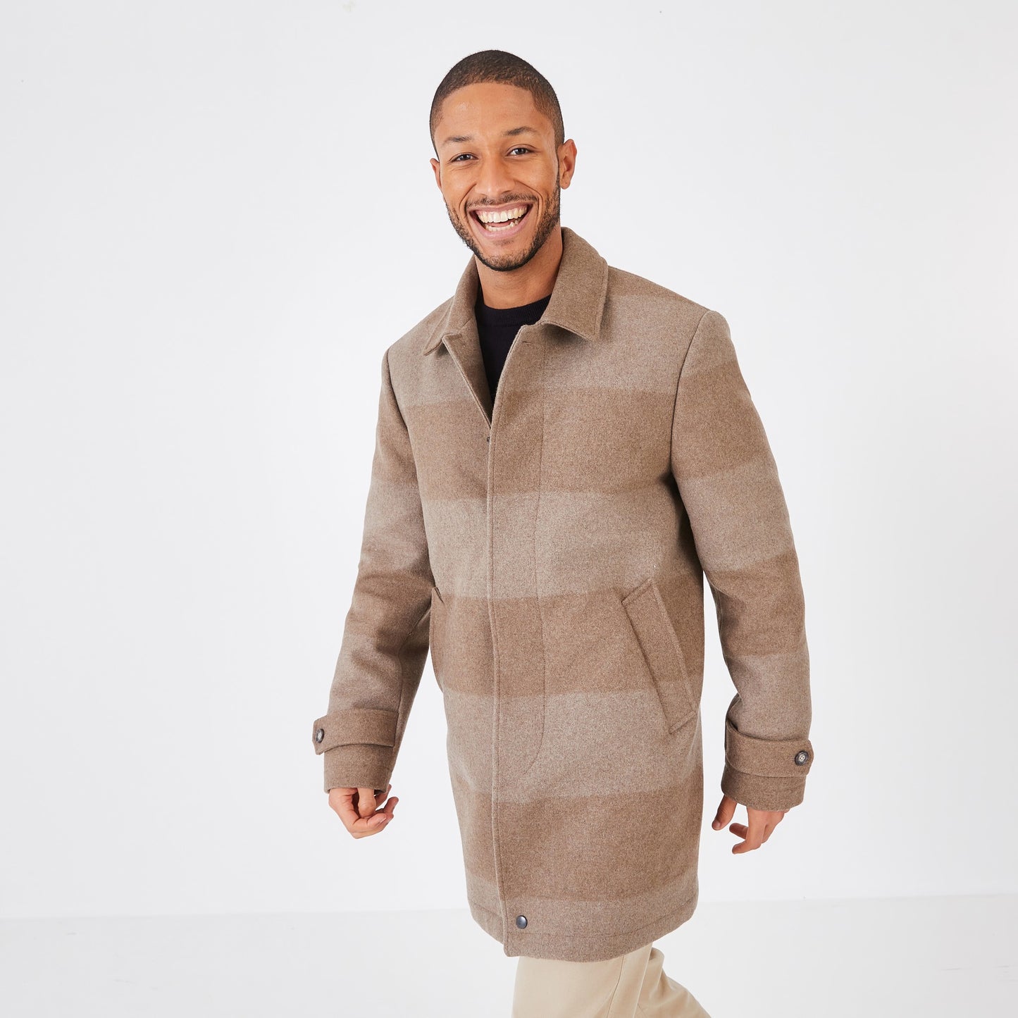 Short camel coat in striped wool blend